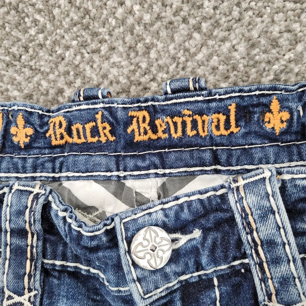 Rock Revival Tristan Bootcut Jeans Mens 33 Distressed Embroidered Blue Denim